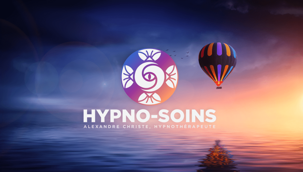 Une montgolfière, symbole de liberté et de légèreté vol à côté du logo HYPNO-SOINS Hypnose Jura