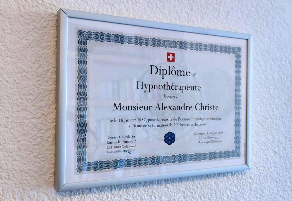 Diplôme hypnothérapeute Alexandre Christe