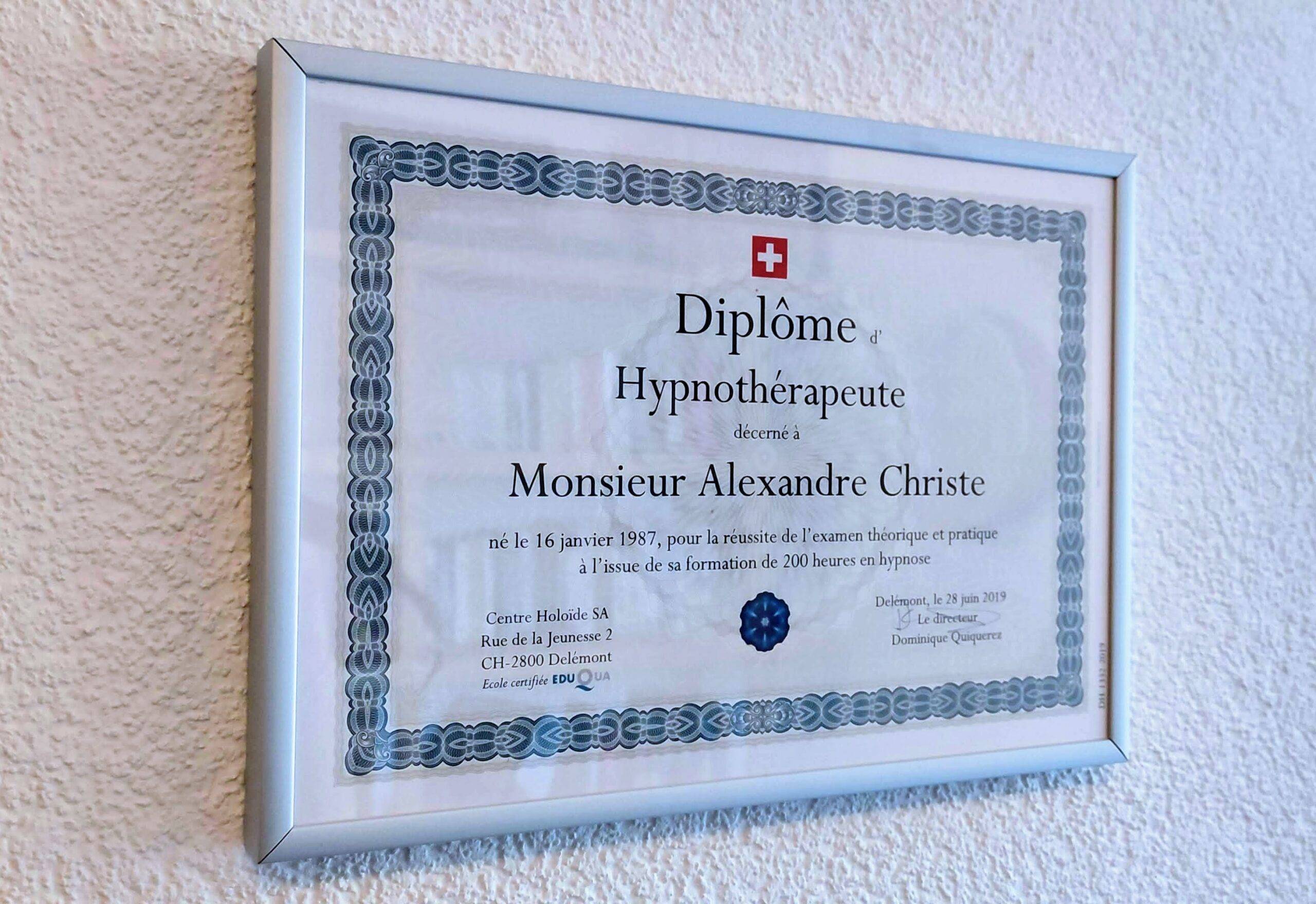 Diplôme hypnothérapeute Alexandre Christe