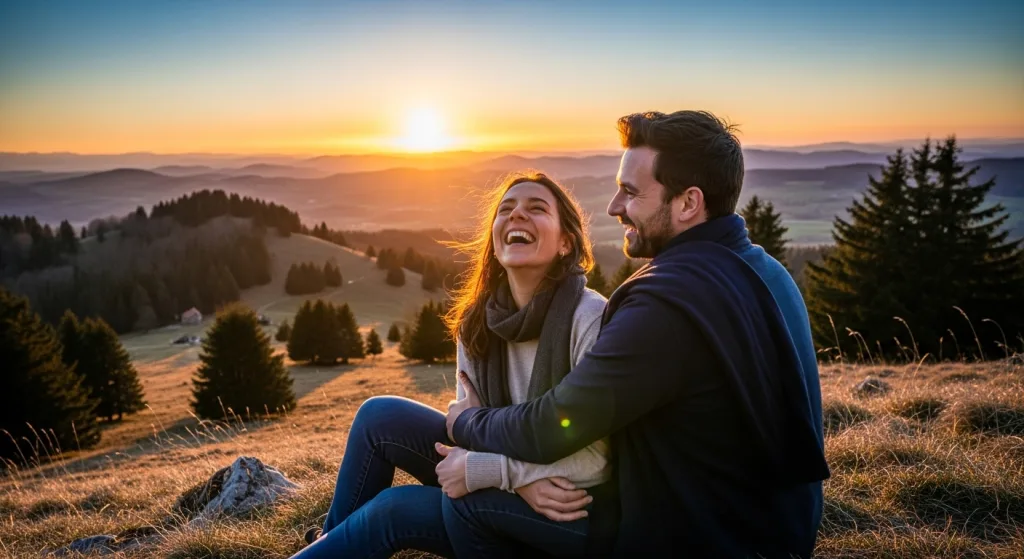 Un couple heureux après avoir fait une thérapie par l'hypnose dans le Jura