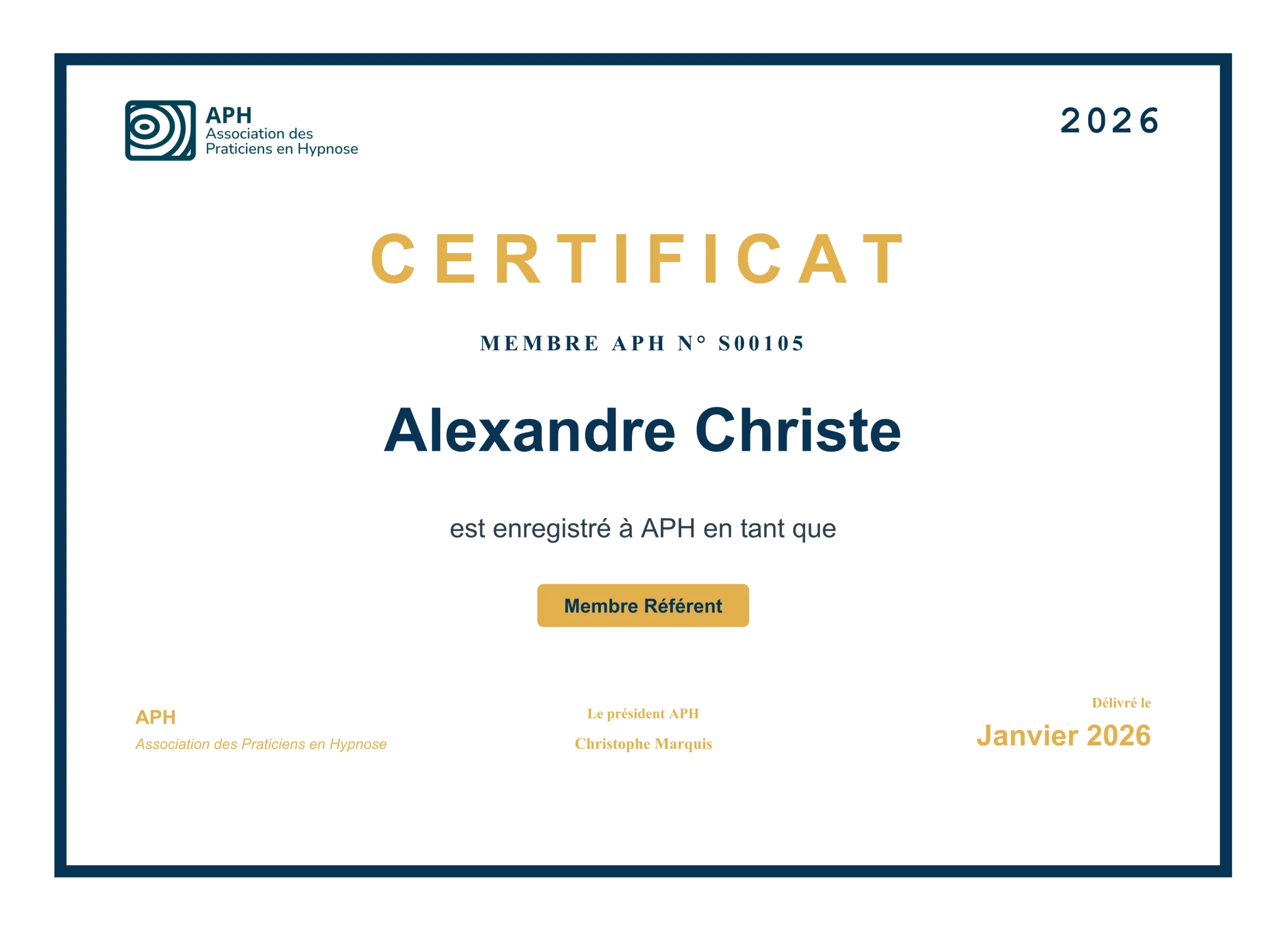 Certificat de qualité APH Association des Praticiens en Hypnose, Alexandre Christe 2026