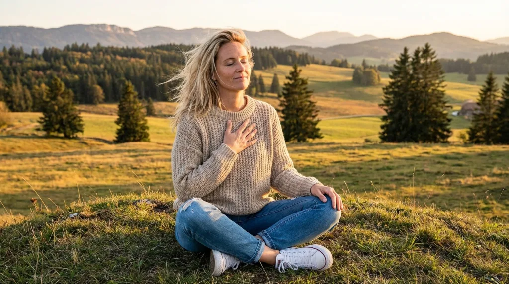 Une femme est heureuse d'écouter son corps dans les Franches-Montagnes Jura grâce à l'hypnose